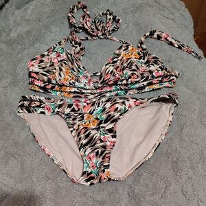 Time and Tru Floral Zebra Halter Bikini in Black, Pink, Orange, Green